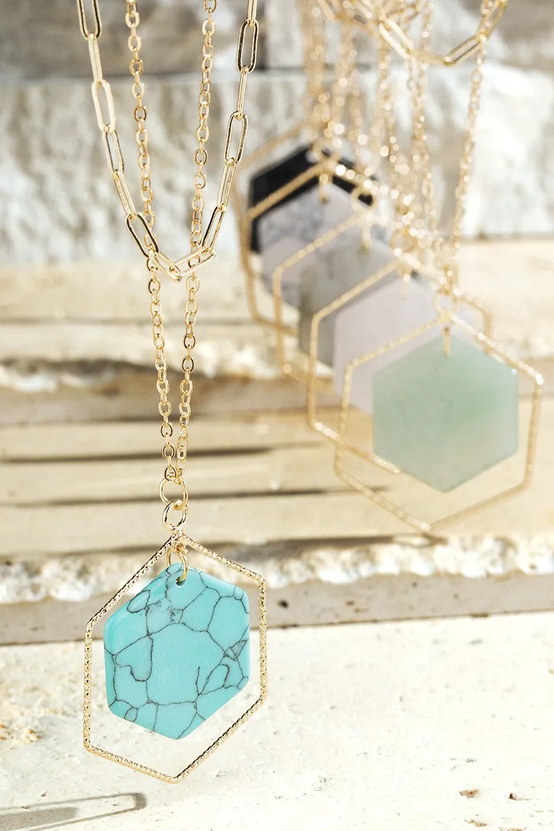 Layered Hexagon Stone Pendant Necklace