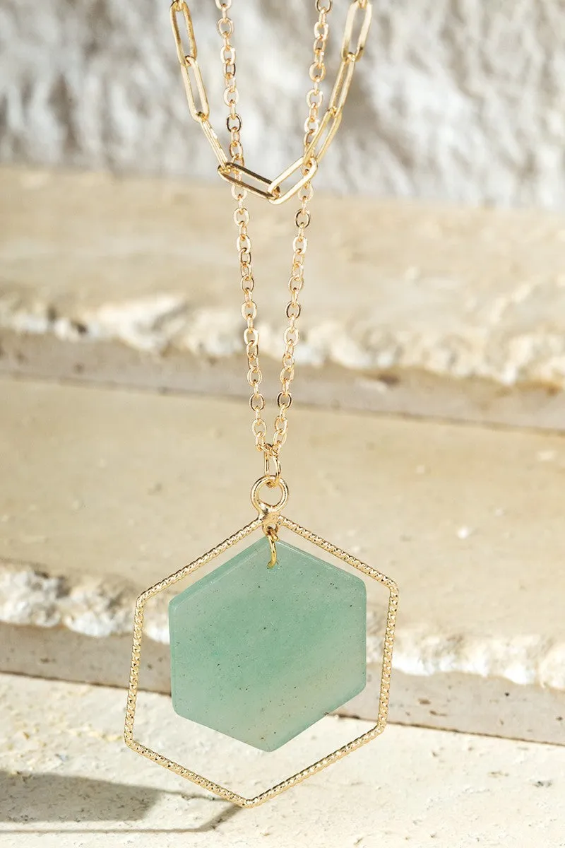 Layered Hexagon Stone Pendant Necklace