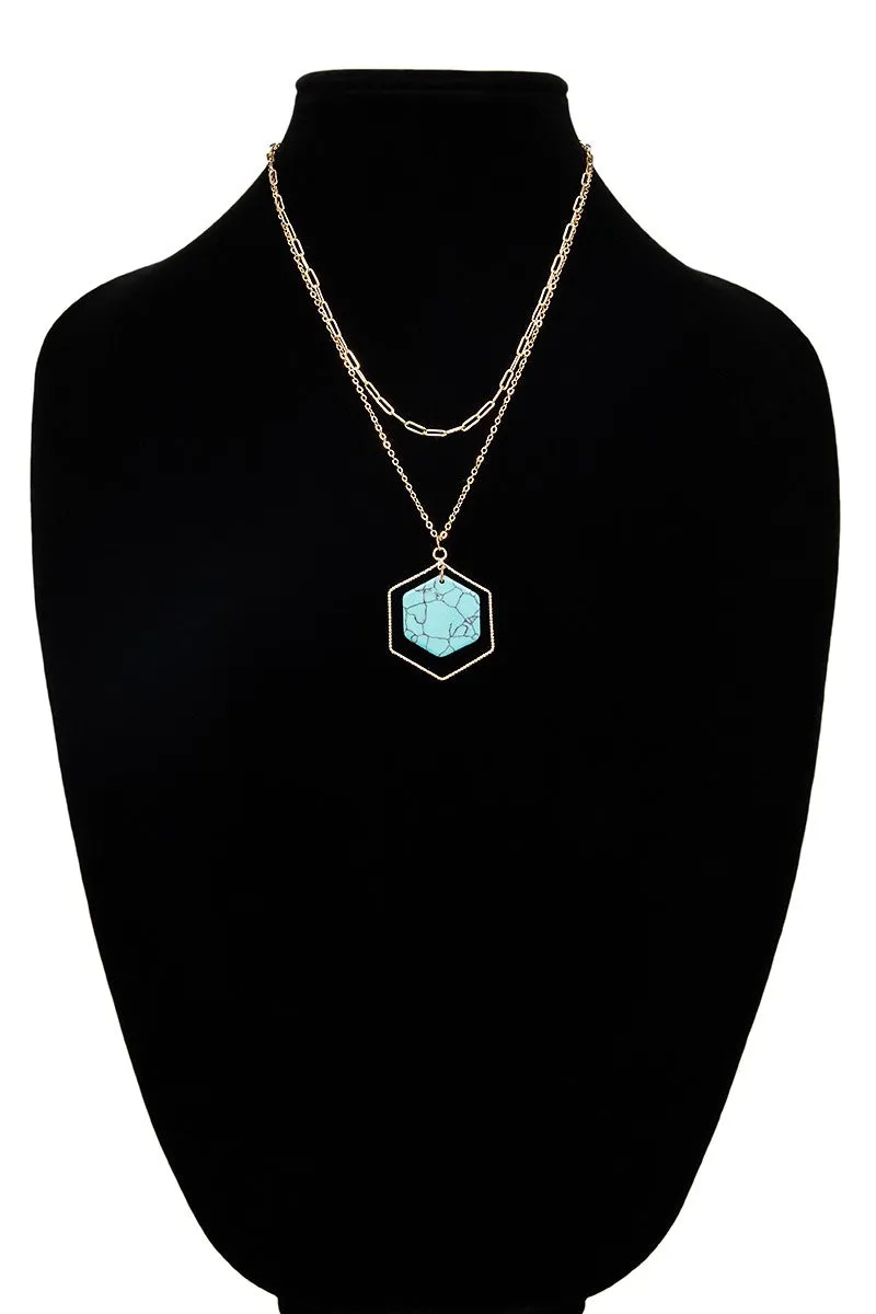 Layered Hexagon Stone Pendant Necklace