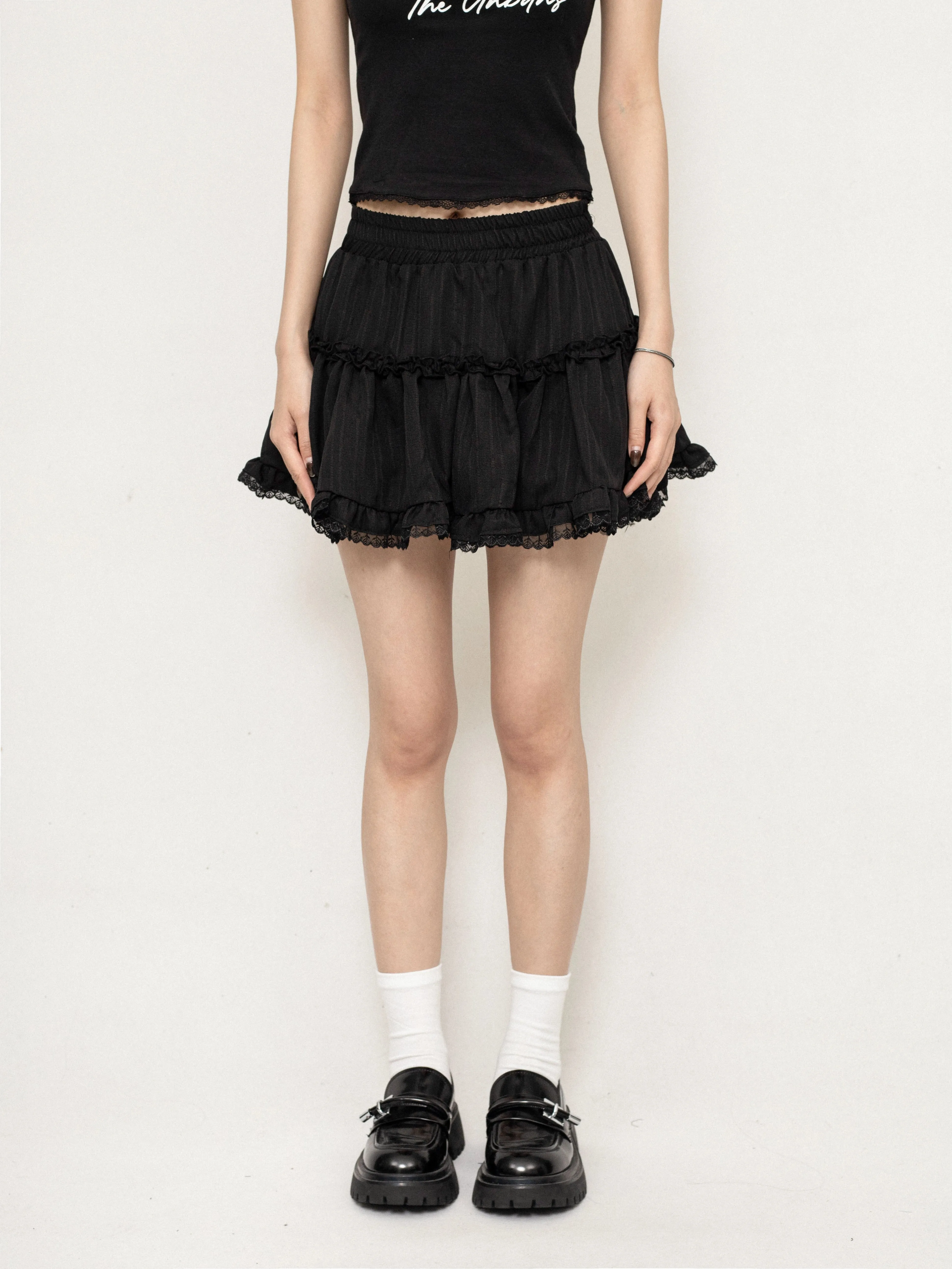 Layered Ruffle Mini Skirt with Lace Trim