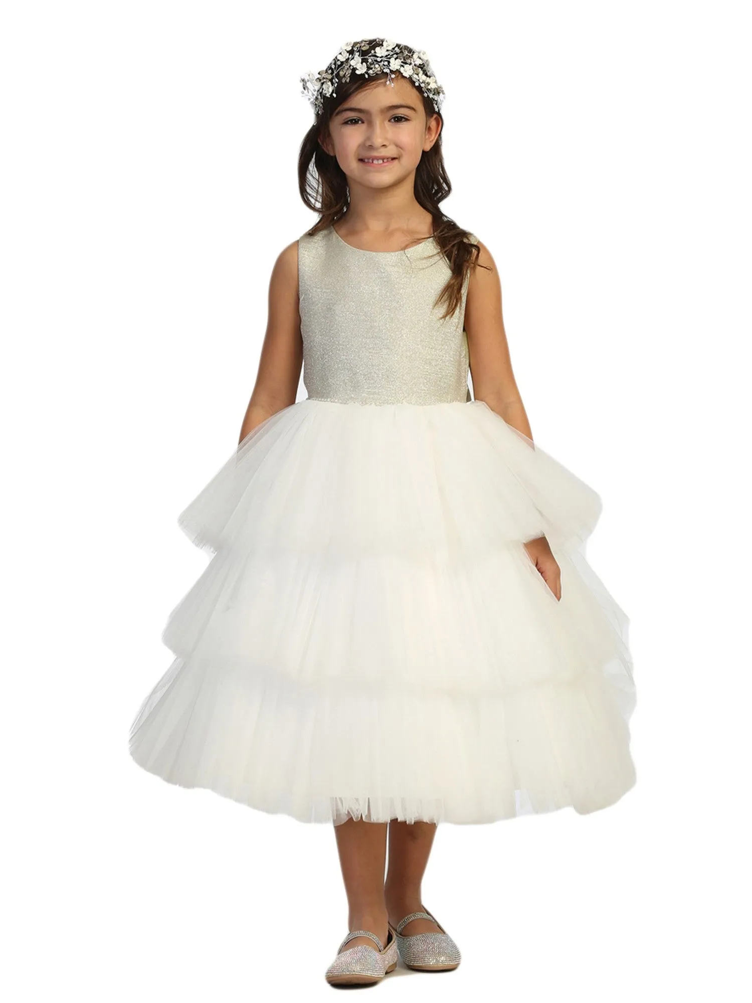 Little Girls Ivory-Gold Metallic Glitter Layered Tulle Flower Girl Dress 2-6
