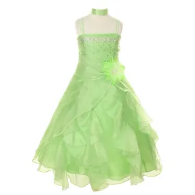 Little Girls Lime Crystal Organza Cascade Ruffle Dress 2-6