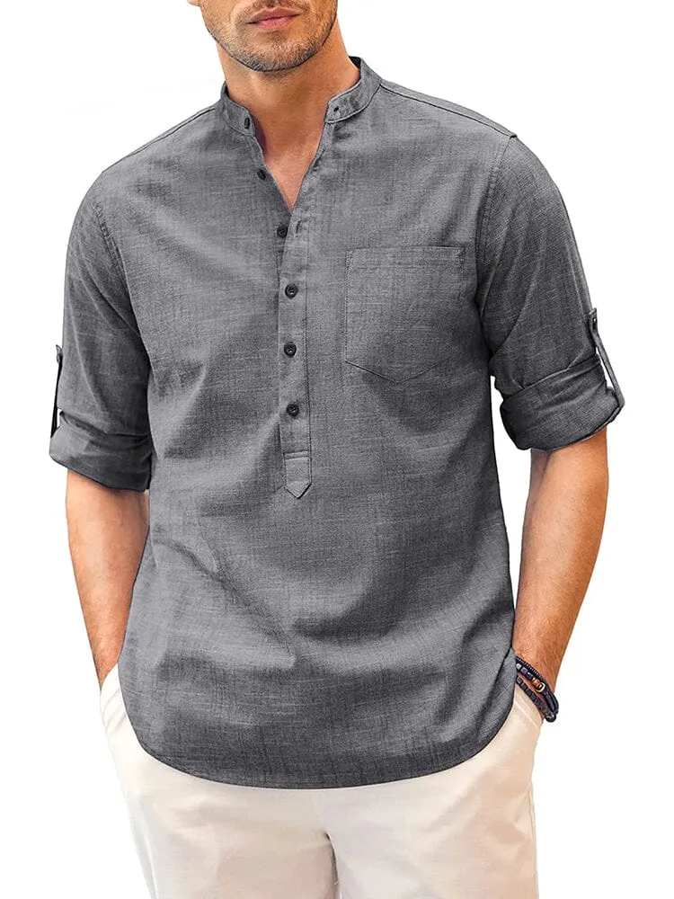 Long Sleeve Cotton Linen Henley Shirt (US Only)