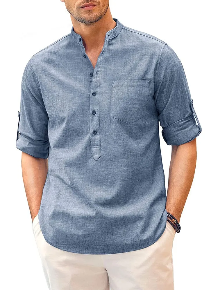 Long Sleeve Cotton Linen Henley Shirt (US Only)