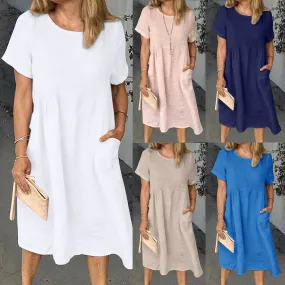 Loose Crew Neck Cotton and Linen Dress