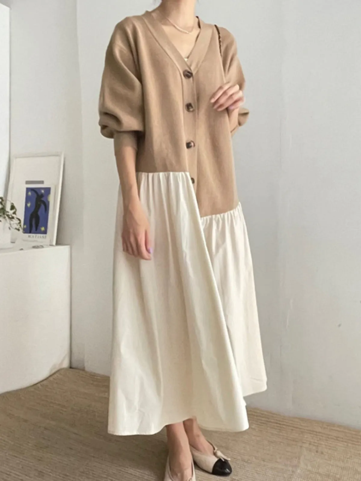 Loose V-Neck Split-joint Khaki Dress