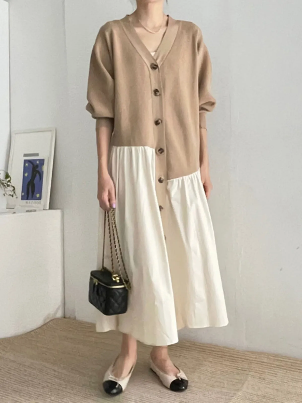 Loose V-Neck Split-joint Khaki Dress