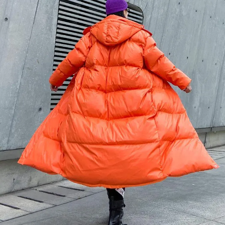 Luxury orange outwear oversized down jacket hooded zippered overcoat