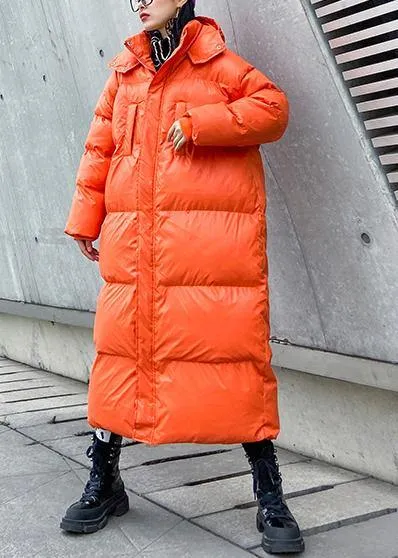 Luxury orange outwear oversized down jacket hooded zippered overcoat