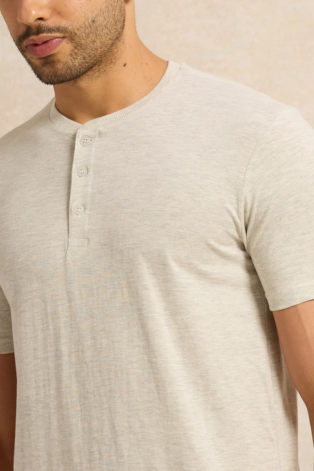 Men Ecru Henley T-Shirt