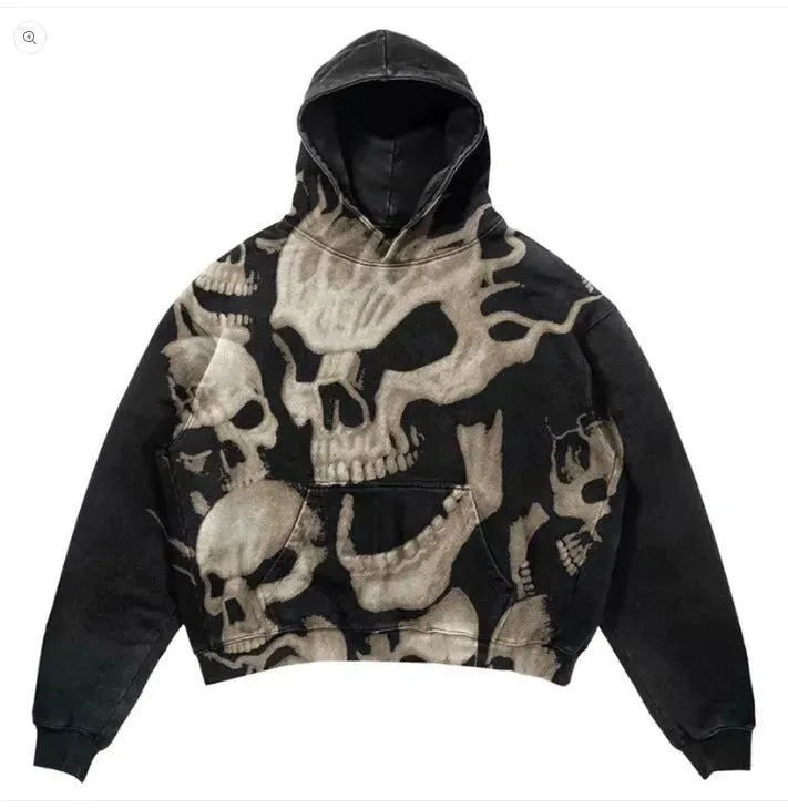 Men Skull Gothic Vintage Hoodie Sweatshirt Pullover top