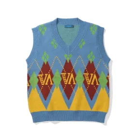 Men Sweater Vest Diamond Plaid Contrasting Color Jacquard Knitted Vest Men's V-neck Sleeveless Sweater BF Idle Style Vest