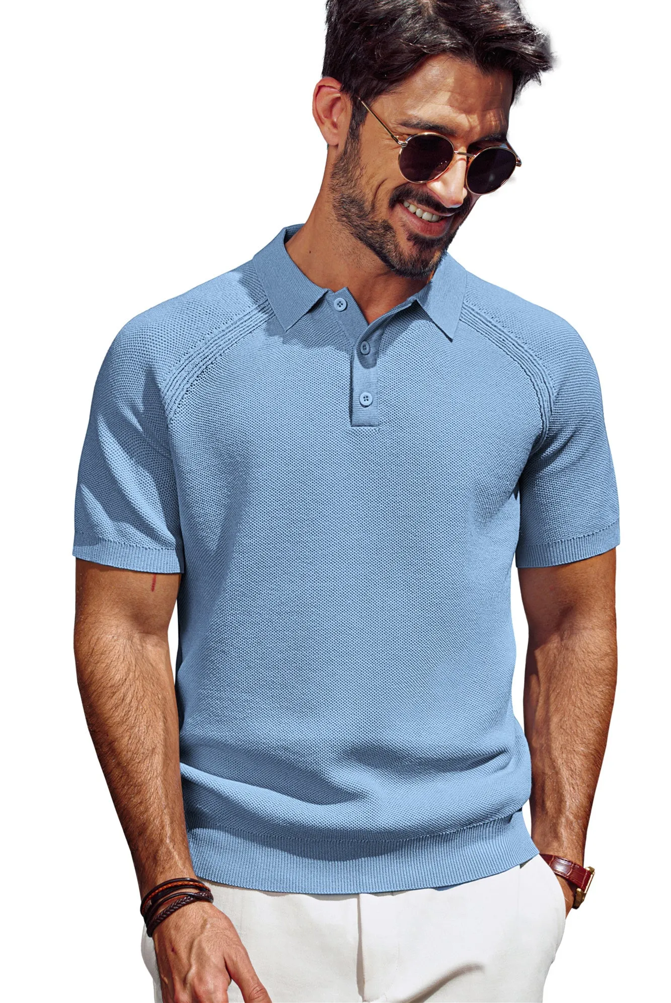 Men Textured Knitted Polo-Shirt Short Sleeve Lapel Collar Button-up Neck Tops