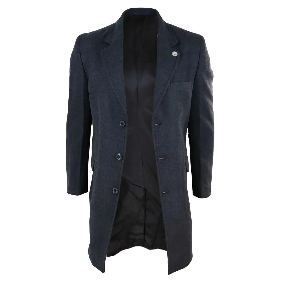 Mens 3/4 Long Overcoat Jacket Wool Feel Coat Blinders Slim Fit