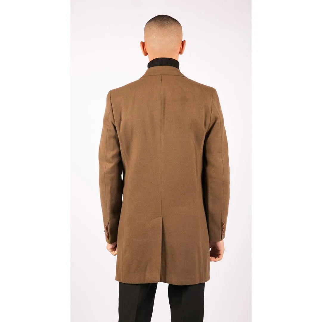 Mens 3/4 Long Overcoat Jacket Wool Feel Coat Blinders Slim Fit