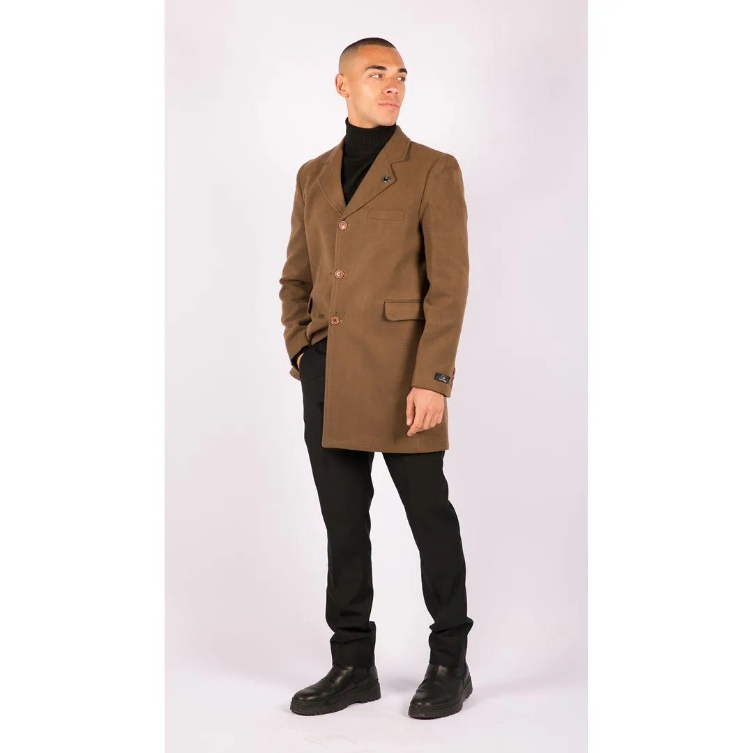 Mens 3/4 Long Overcoat Jacket Wool Feel Coat Blinders Slim Fit