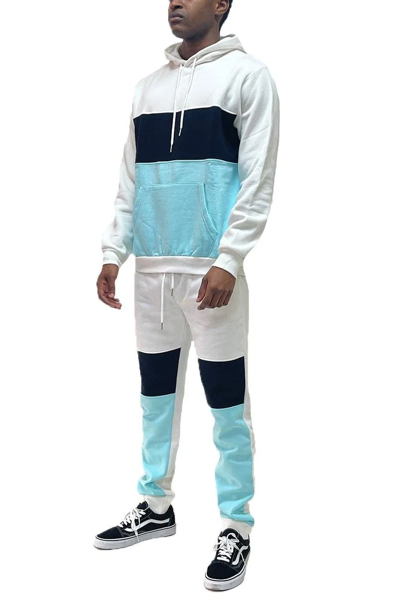 Mens Blue Multi Color Block Pullover Hoodie Sweat Pants Set