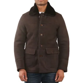 Men's Brown Shearling Sheepskin Car Coat