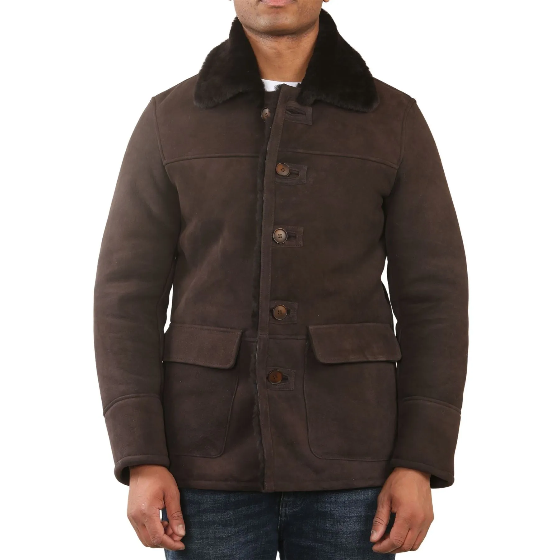 Men's Brown Shearling Sheepskin Car Coat