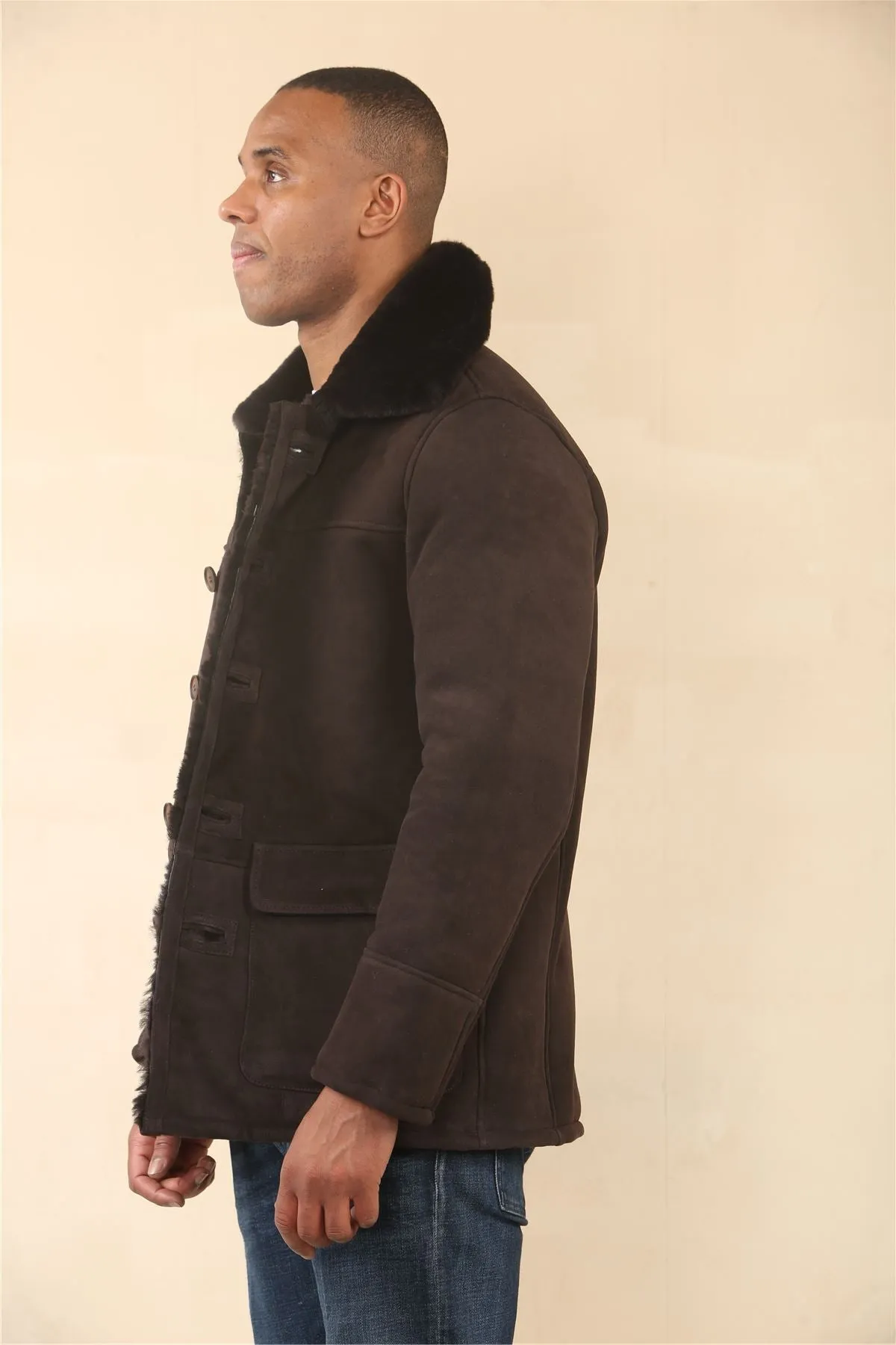 Men's Brown Shearling Sheepskin Car Coat