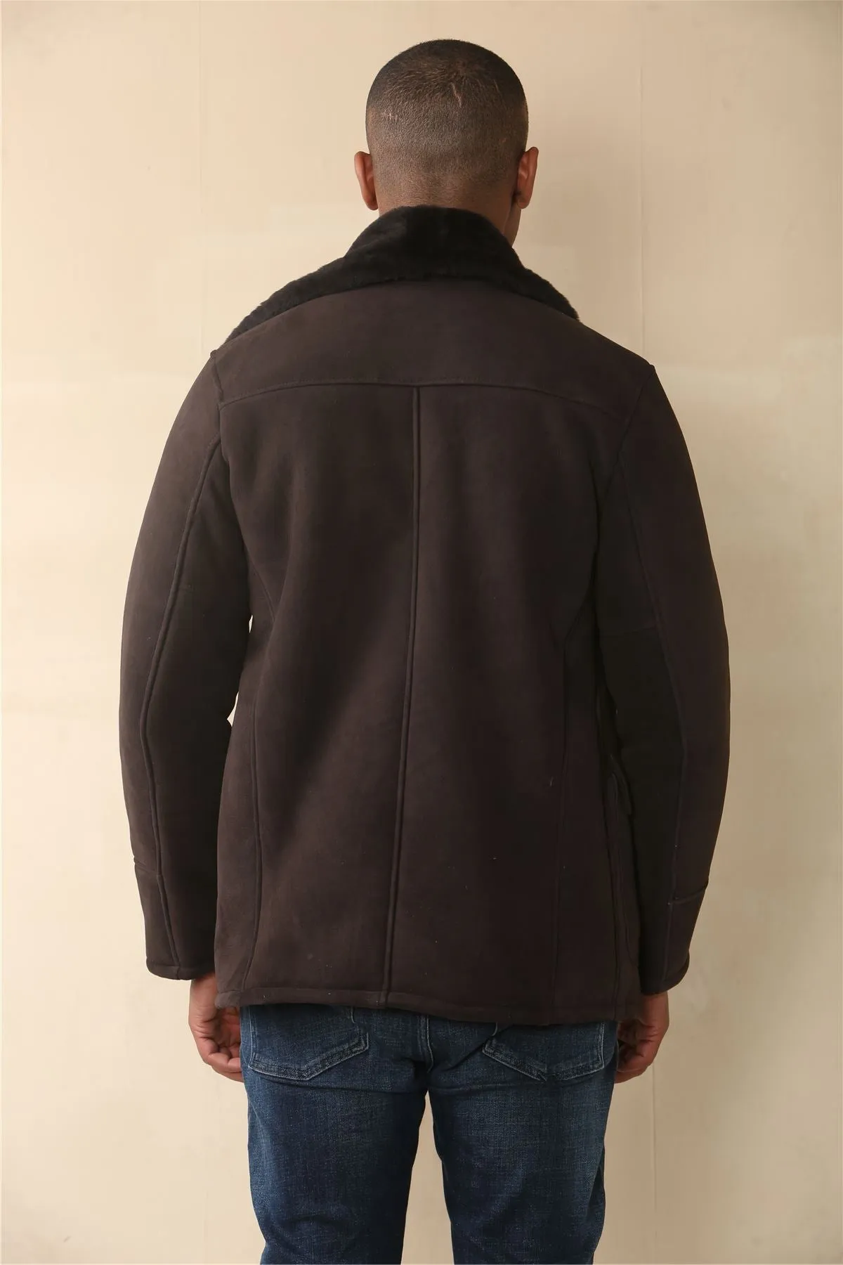 Men's Brown Shearling Sheepskin Car Coat