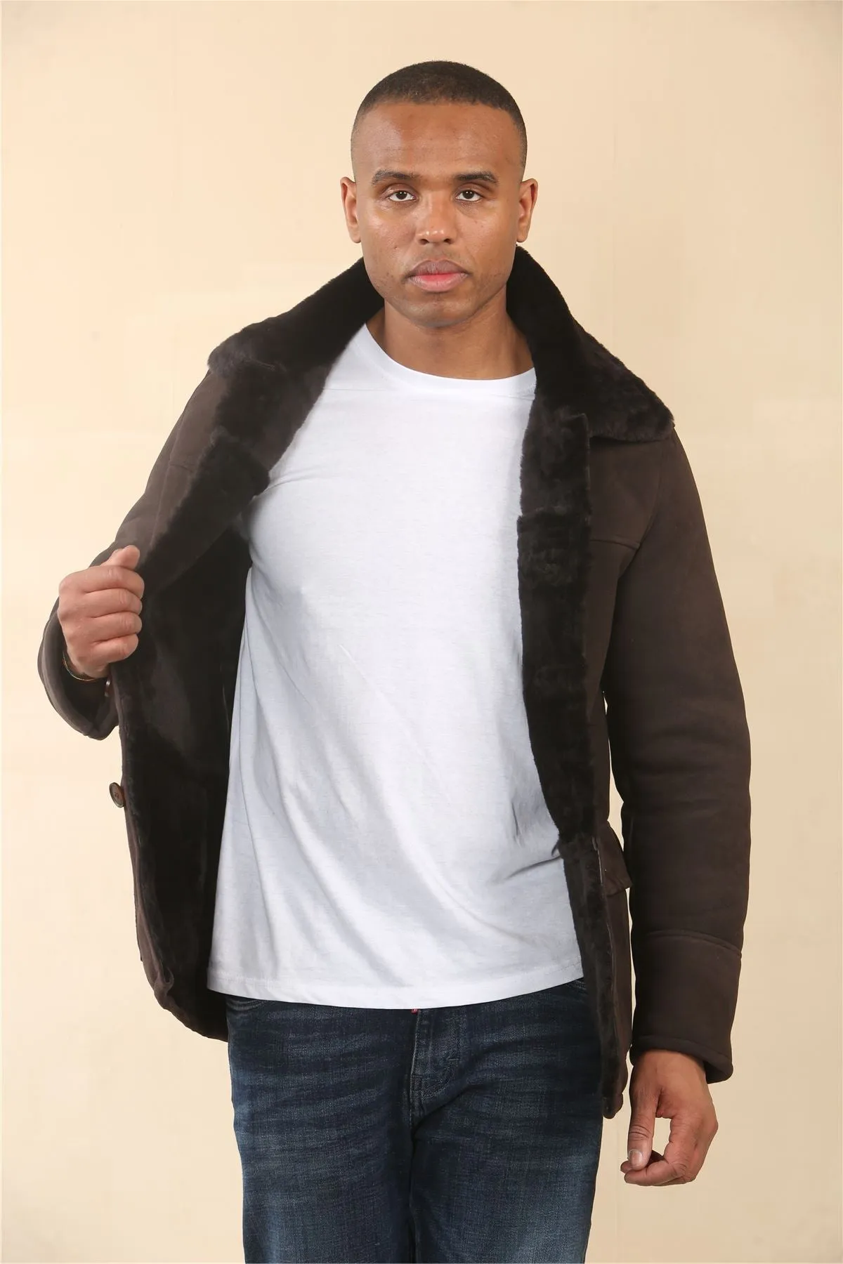 Men's Brown Shearling Sheepskin Car Coat