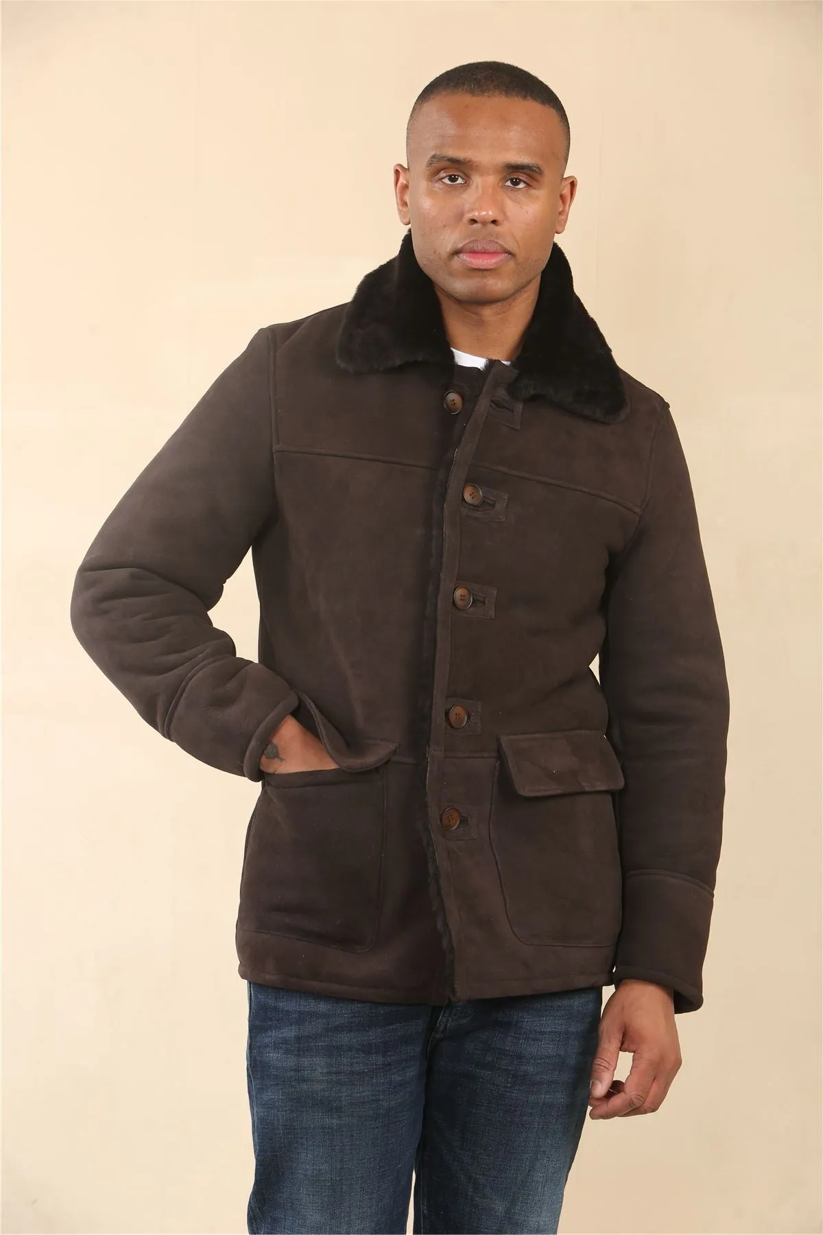 Men's Brown Shearling Sheepskin Car Coat