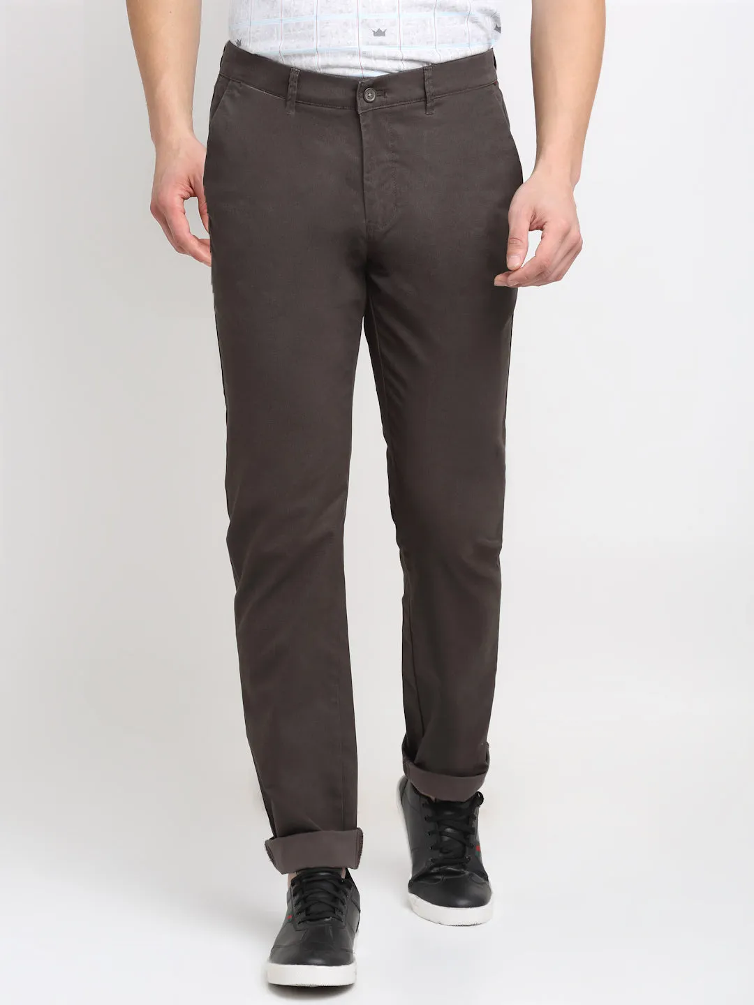 Men's Casual Flat front Dark Brown Checks Trousers