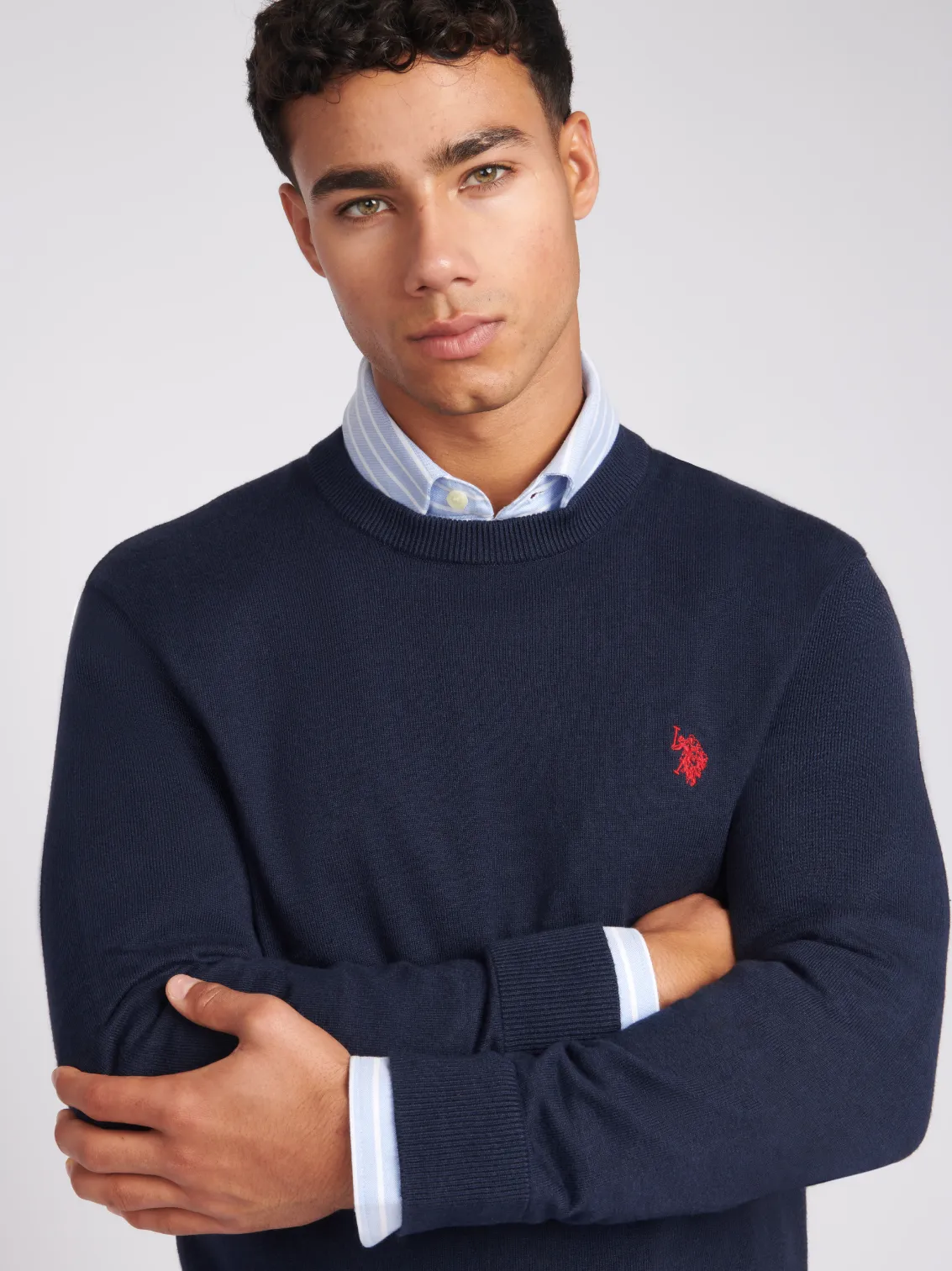 Mens Cotton Crew Neck Jumper in Navy Blazer / Haute Red