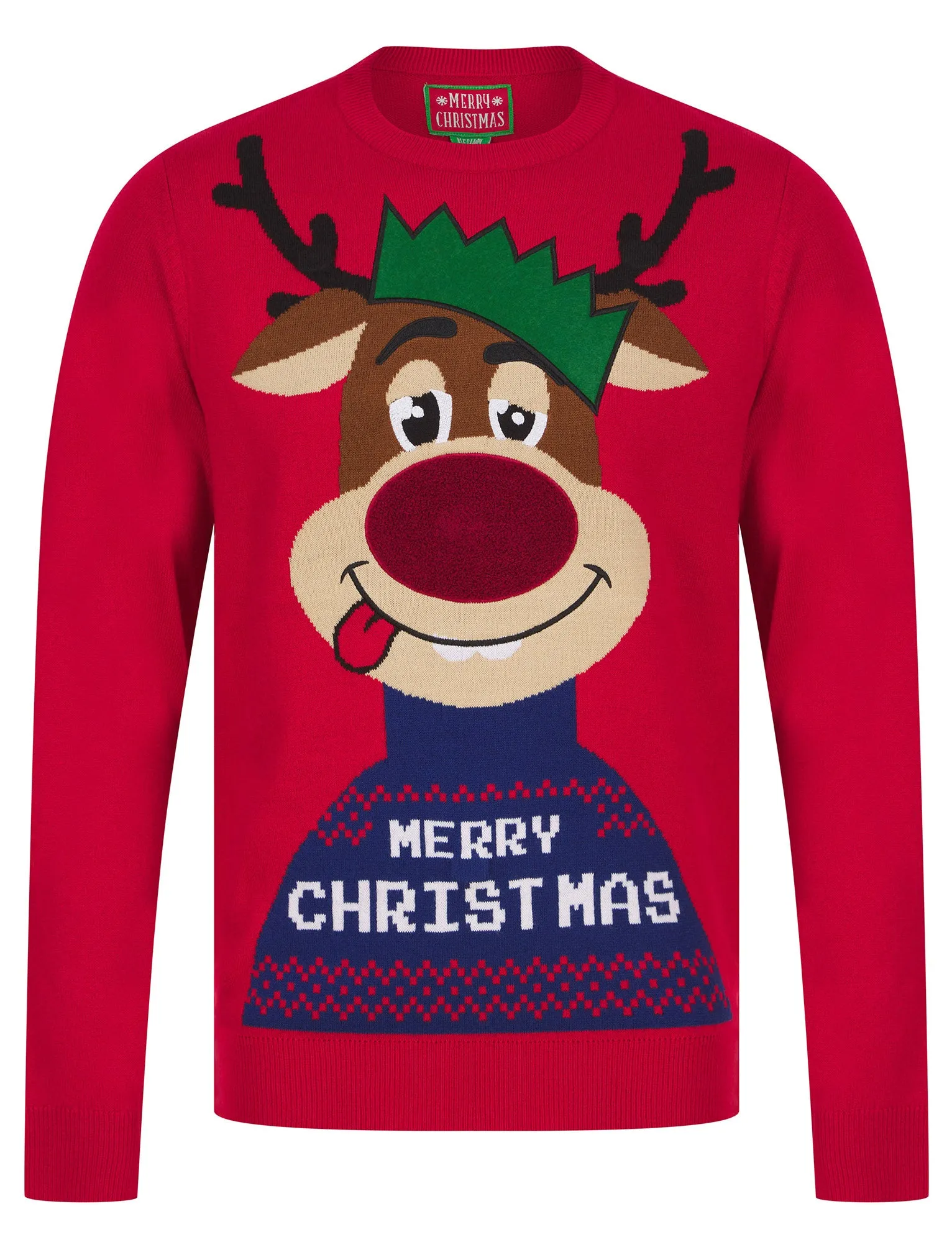 Men's Feelin Merry Motif LED Light Up Novelty Christmas Jumper in George Red - Merry Christmas