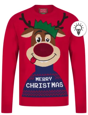 Men's Feelin Merry Motif LED Light Up Novelty Christmas Jumper in George Red - Merry Christmas