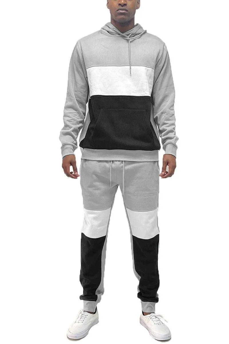 Mens Gray Black Color Block Pullover Hoodie Sweat Pants Set