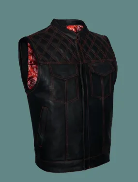 Men's Leather Club Front Zipper Vest with Red Thread & Red Paisley Lining