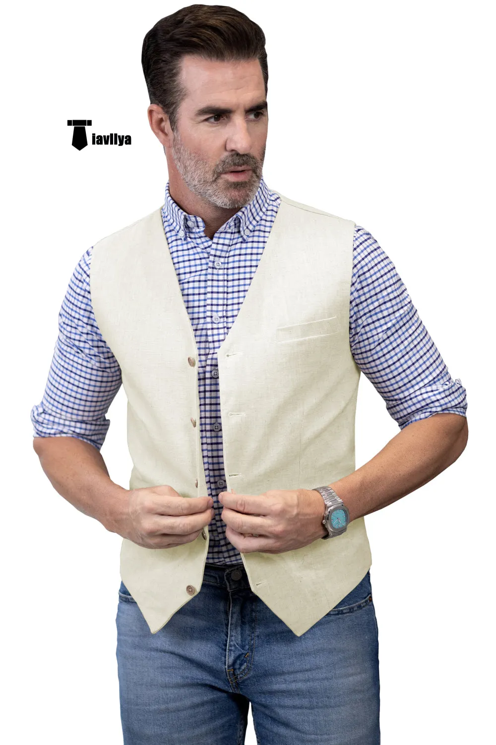 Mens waistcoat Flat Linen V Neck Waistcoat For Wedding