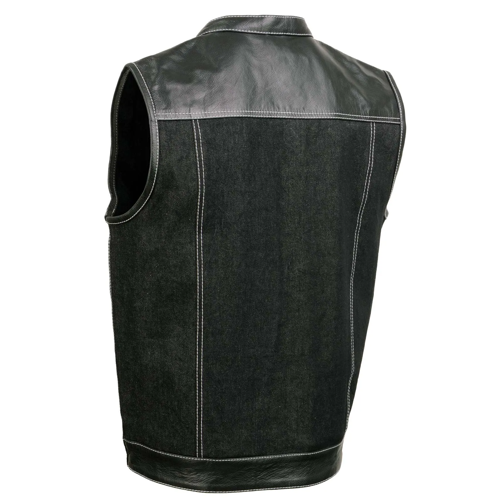 Milwaukee Leather MDM3006 Men's 'Brute' Black Denim and Black Leather Club Style Vest w/ Hidden Dual Closure