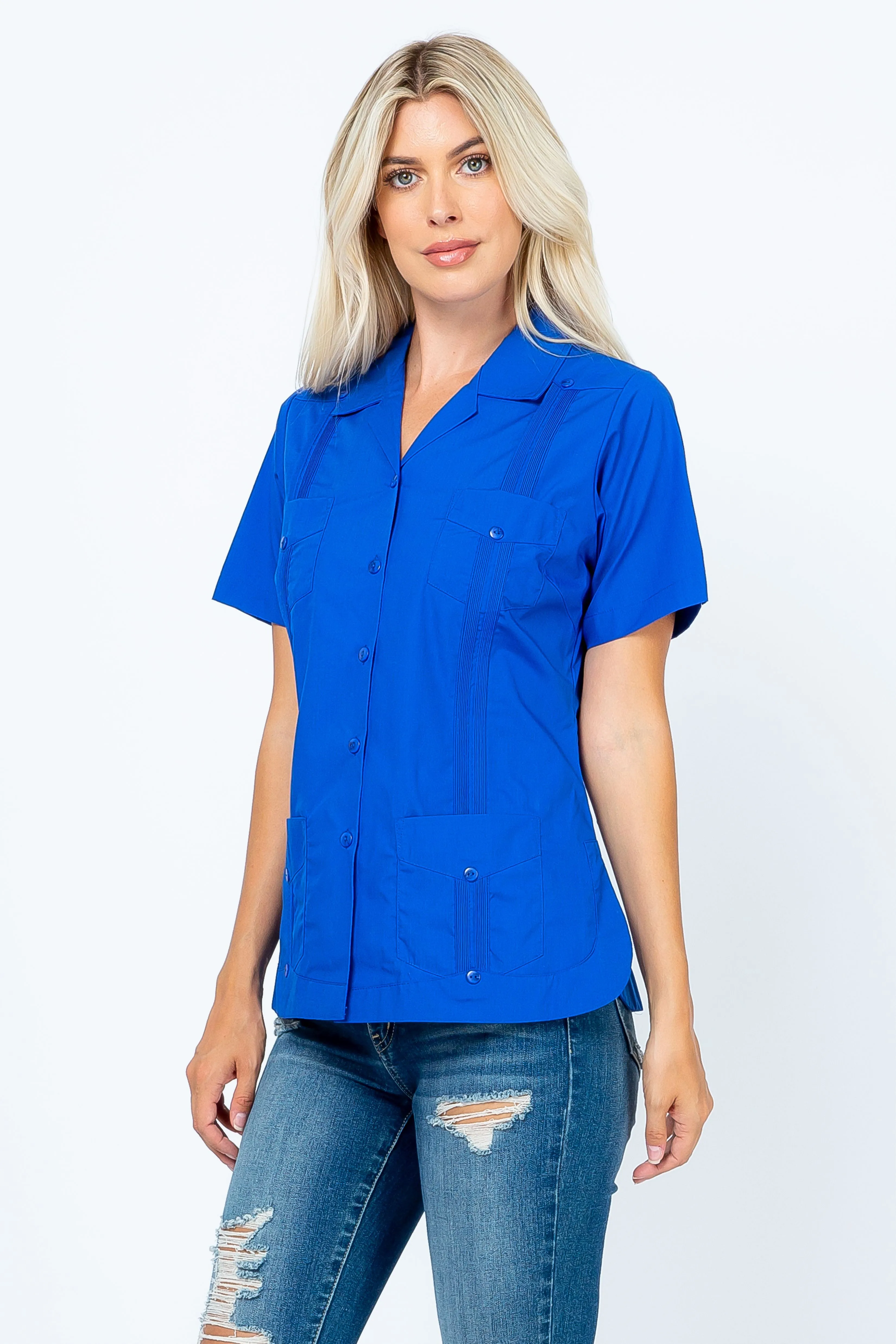 Mojito Women's Traditional Guayabera Shirt Cotton Blend 4 Pocket Design Short Sleeve