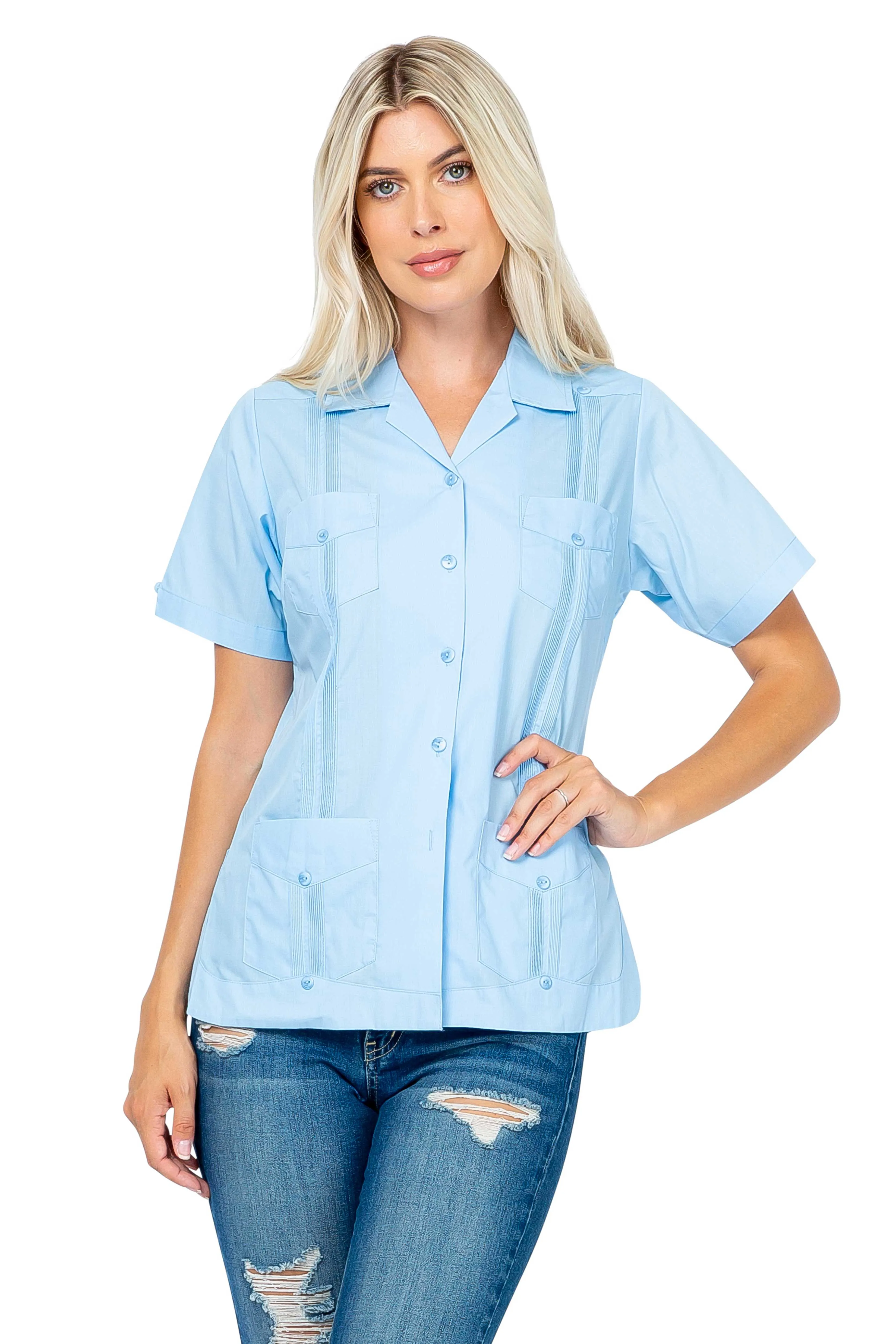 Mojito Women's Traditional Guayabera Shirt Cotton Blend 4 Pocket Design Short Sleeve