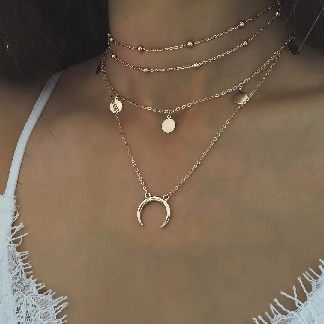 Moon Round Piece Multilayer Necklace