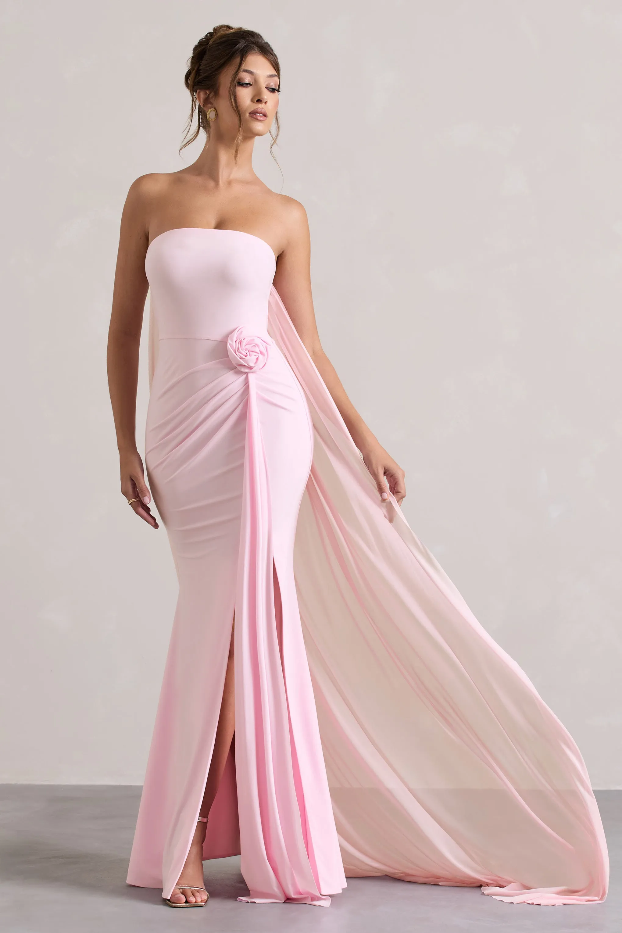 More To Come | Pink Strapless Wrap Cape Maxi Dress With Corsage