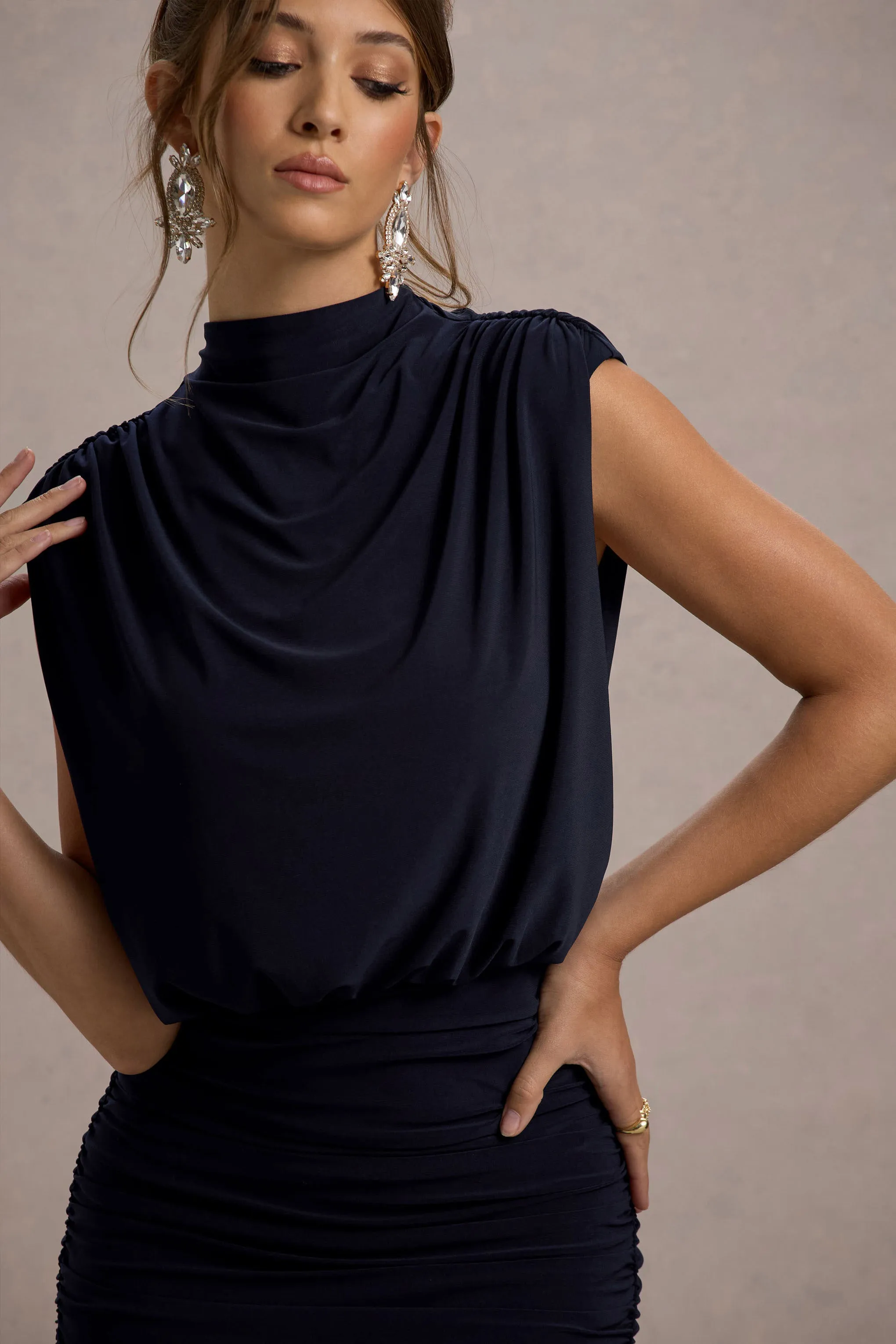 Nymeria | Navy High-Neck Draped Bodycon Mini Dress