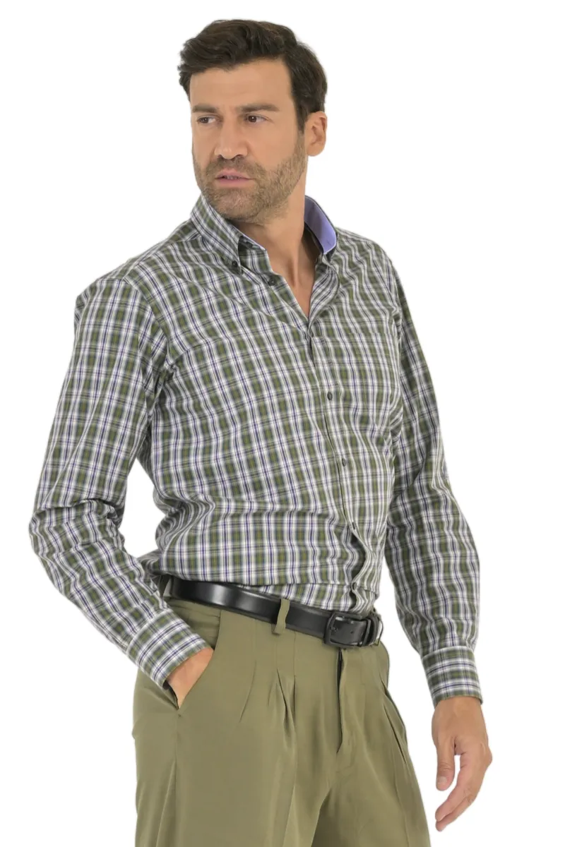 Olive Green Checked Men's Cotton Shirt