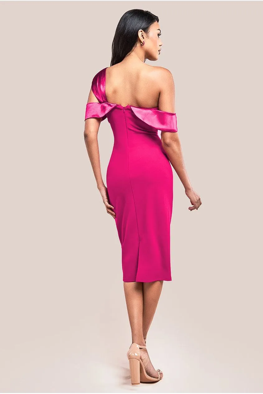 One Shoulder Satin Band Bodycon Midi Dress - Magenta by Goddiva