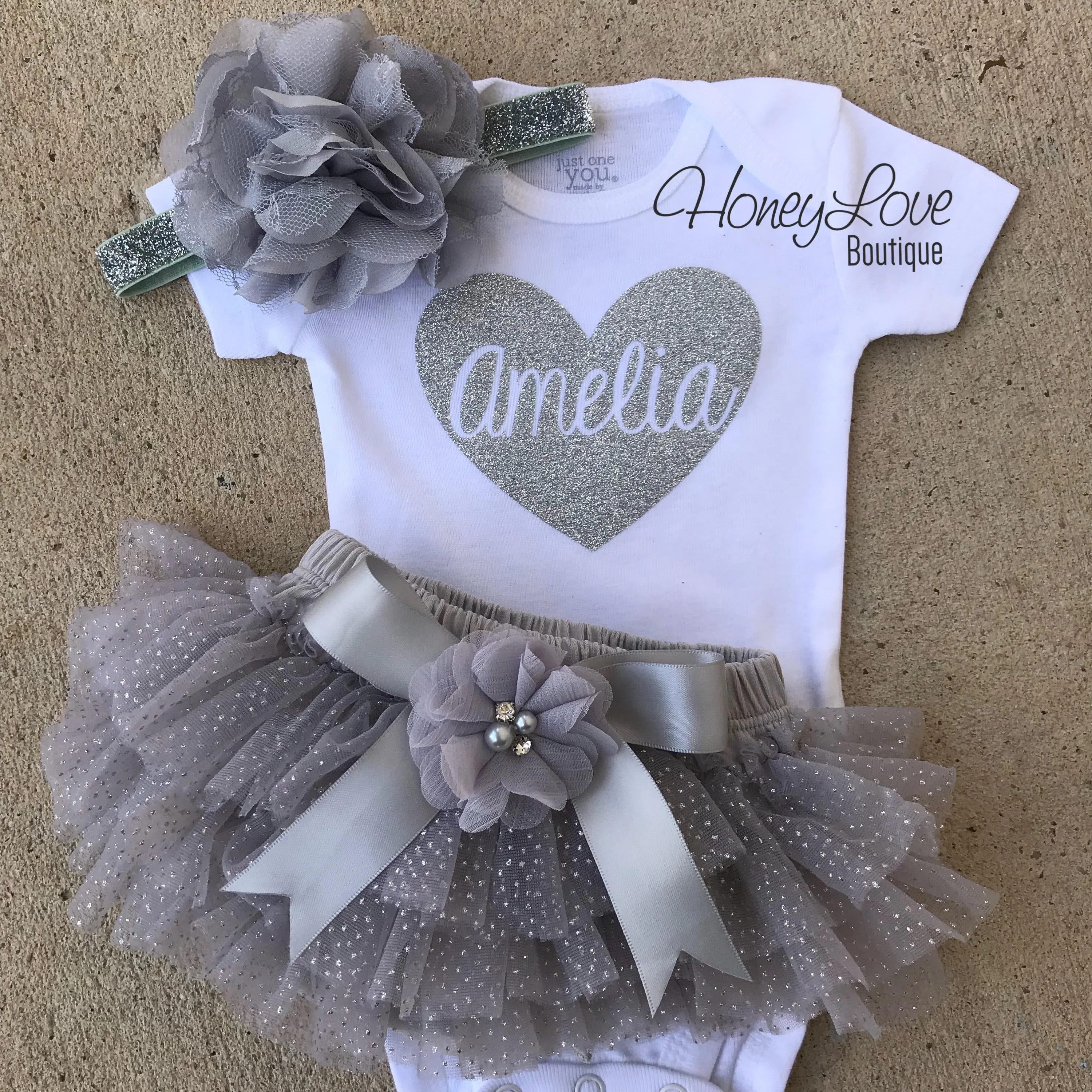 Personalized Name inside Heart - Gray and Silver Glitter - embellished tutu skirt bloomers