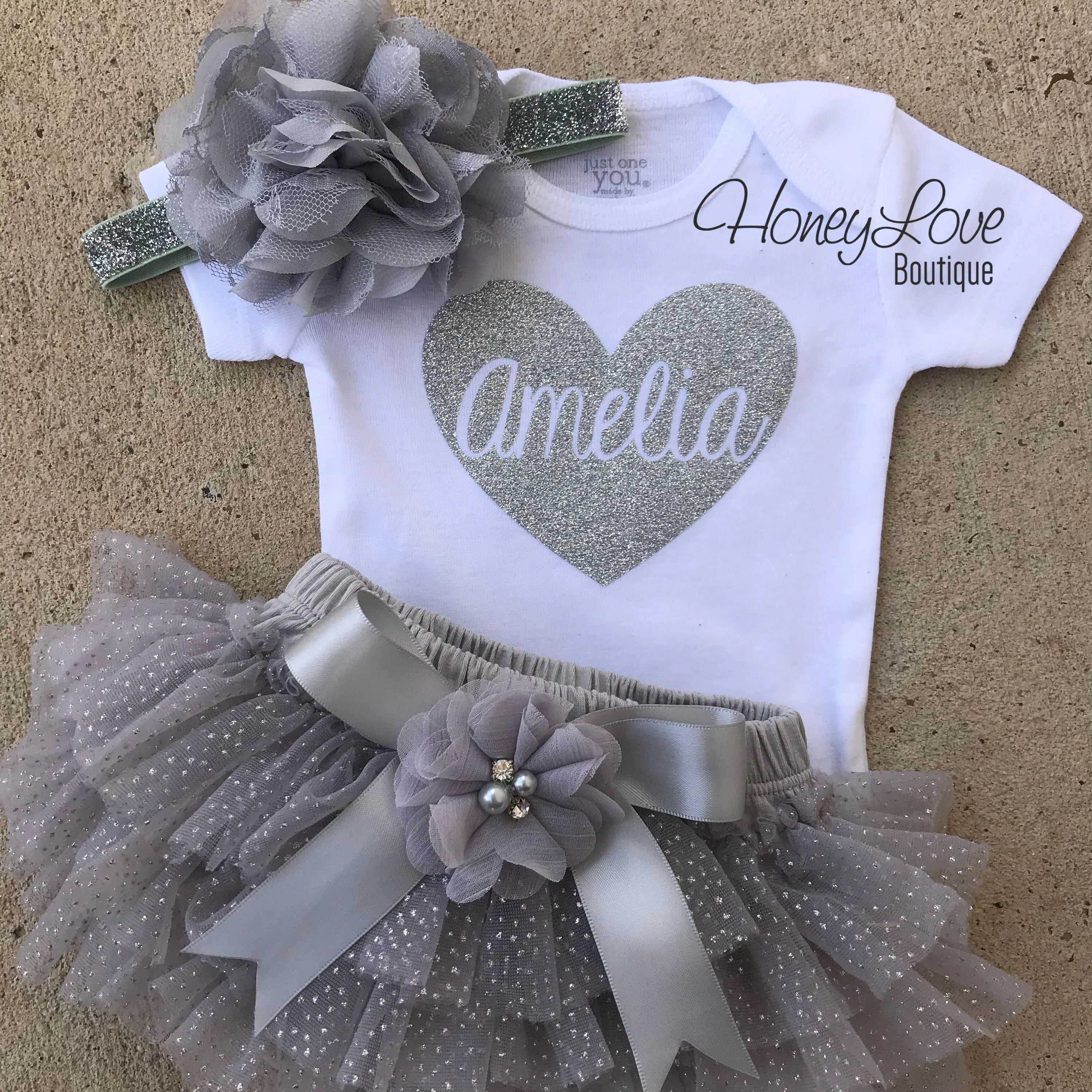 Personalized Name inside Heart - Gray and Silver Glitter - embellished tutu skirt bloomers