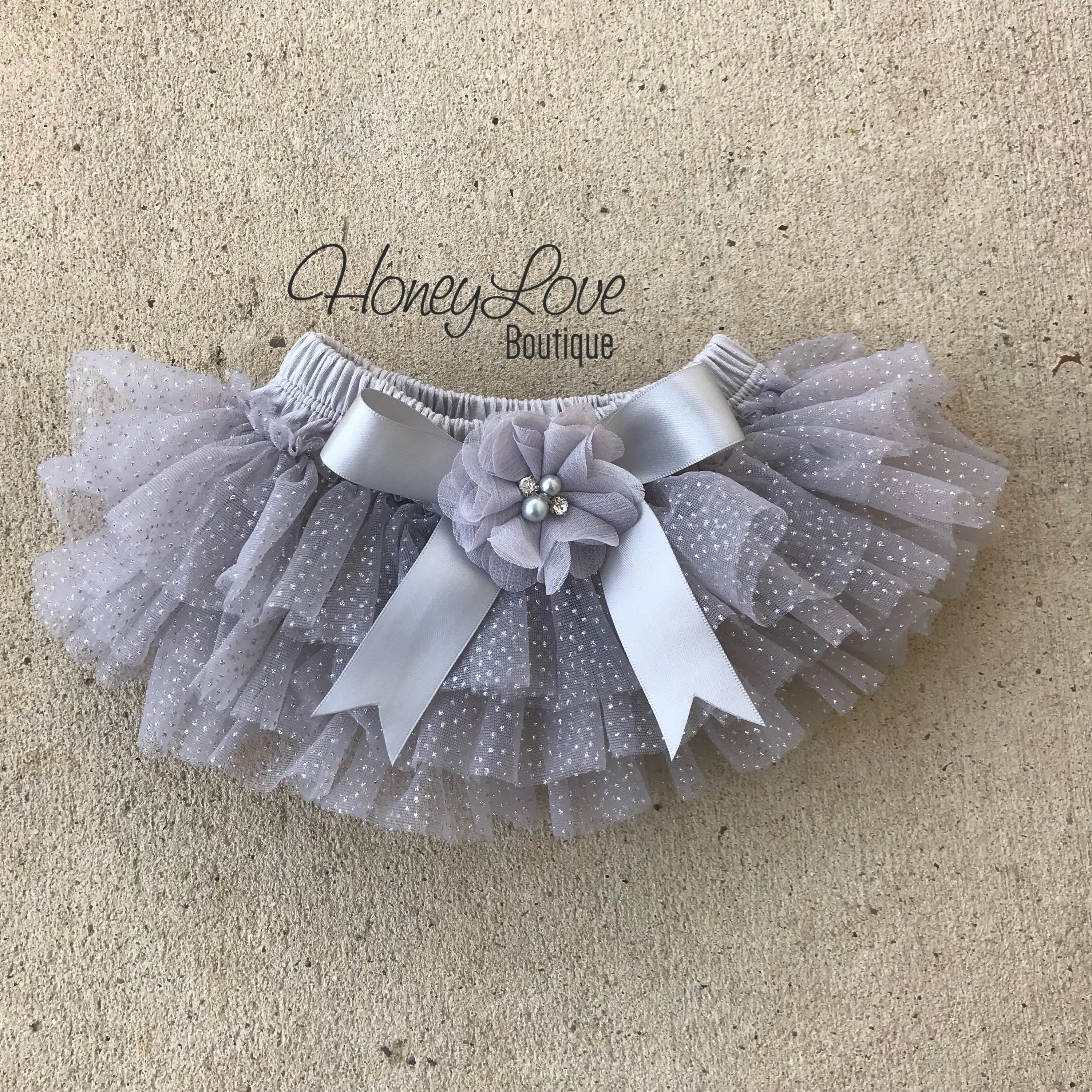 Personalized Name inside Heart - Gray and Silver Glitter - embellished tutu skirt bloomers