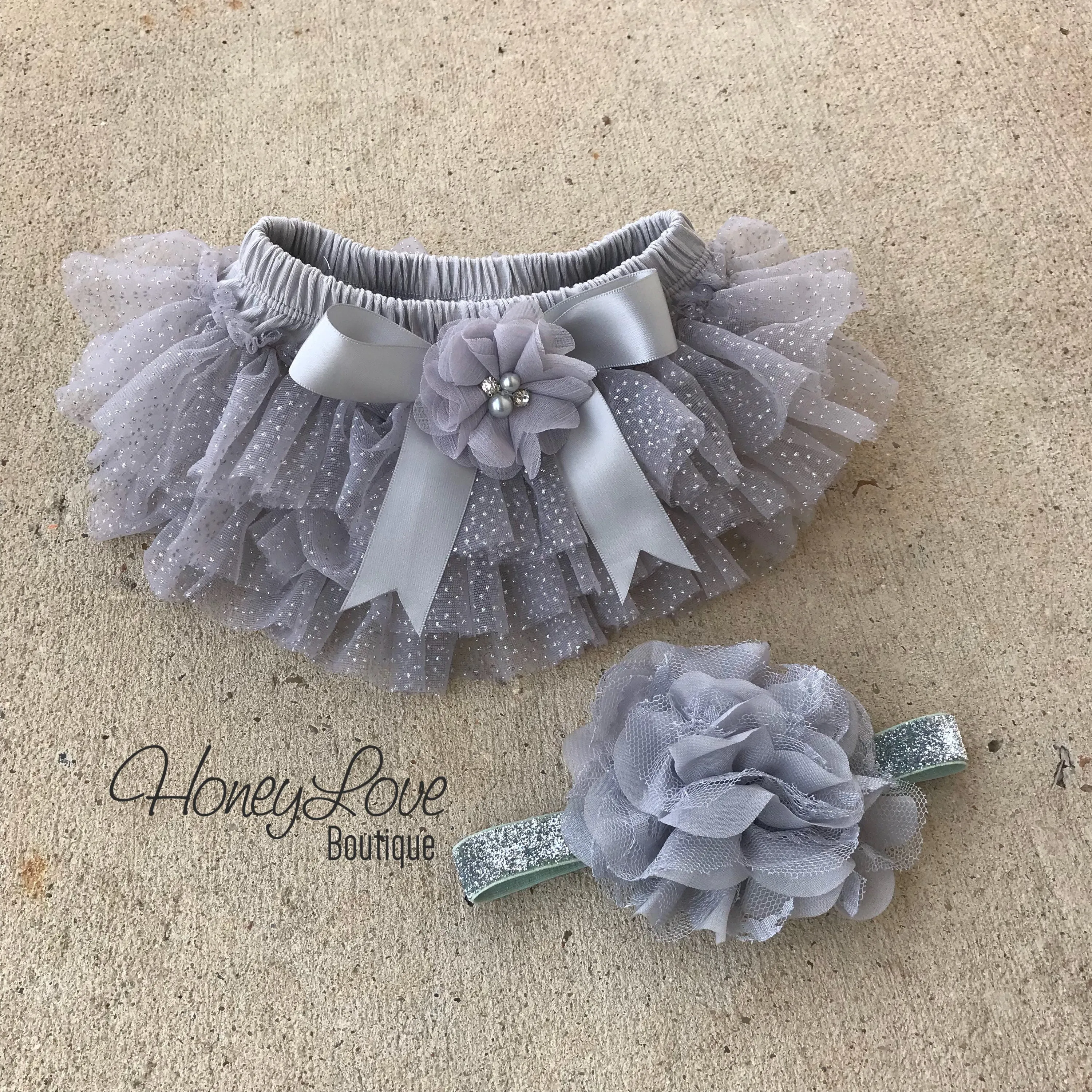 Personalized Name inside Heart - Gray and Silver Glitter - embellished tutu skirt bloomers