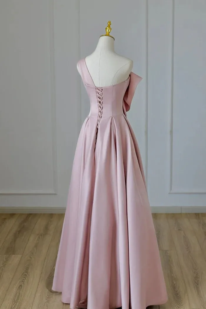 Pink Satin Bow Gown Long Formal Dress      fg4858