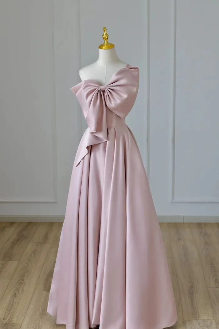 Pink Satin Bow Gown Long Formal Dress      fg4858