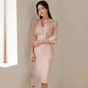 Pinkish Lady Office Style Midi Dress