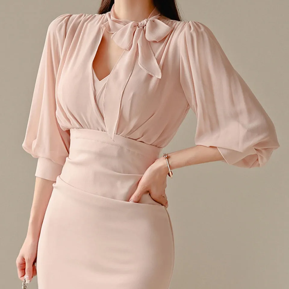 Pinkish Lady Office Style Midi Dress